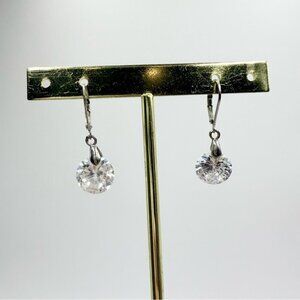 Silver Tone Round White Crystals Dangle Hook Stud Earrings